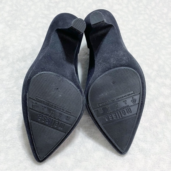 Melissa Black Bootie Drama Flocked Velvet Pointed Toe Heel Ankle Boot Fuzzy - Picture 5 of 12